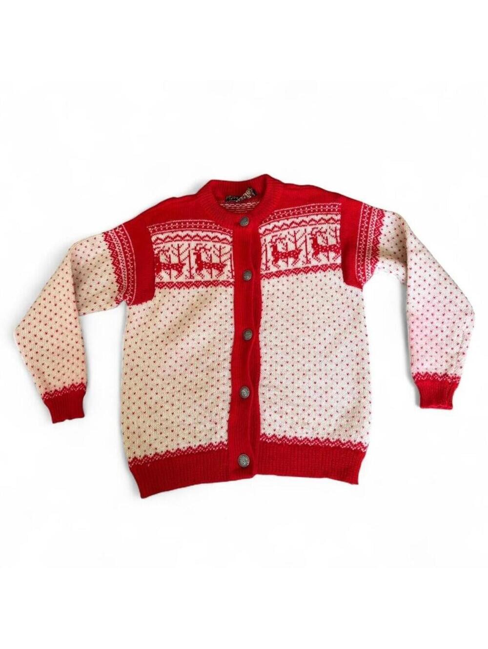 Vintage Norlaender Norwegian wool cardigan in red white button up M MEDIUM